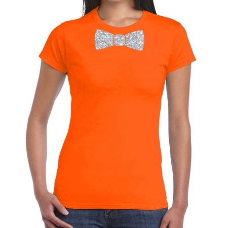 Oranje fun t-shirt met vlinderdas in glitter zilver dames