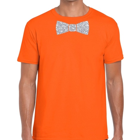 Oranje fun t-shirt met vlinderdas in glitter zilver heren