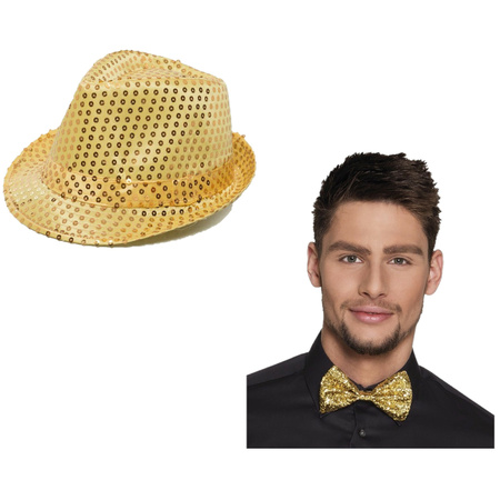 Party carnaval hat and bowtie in gold glitters