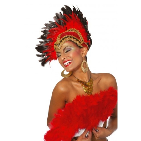 Red headpiece with feathers