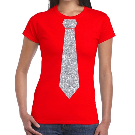 Rood fun t-shirt met stropdas in glitter zilver dames