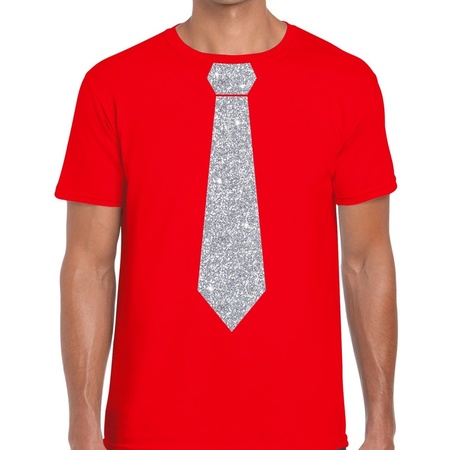 Red t-shirt with tie in glitter silver men 