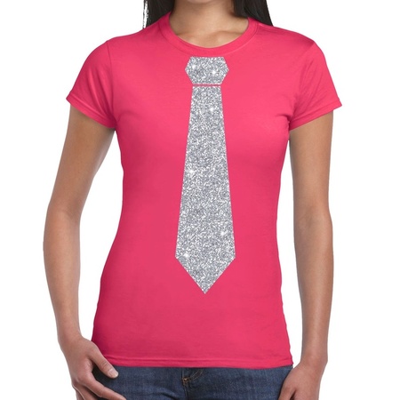 Pink t-shirt with tie in glitter silver women 