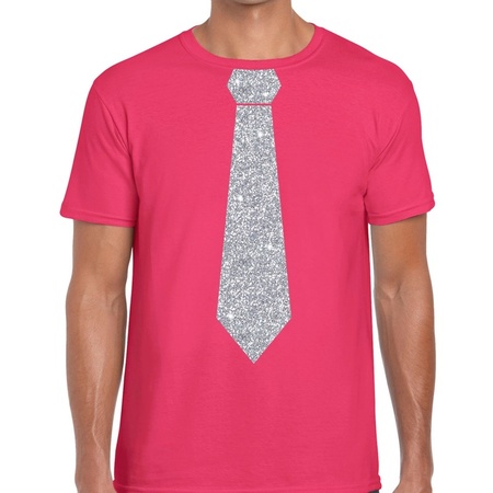 Pink t-shirt with tie in glitter silver men 