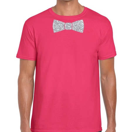Roze fun t-shirt met vlinderdas in glitter zilver heren