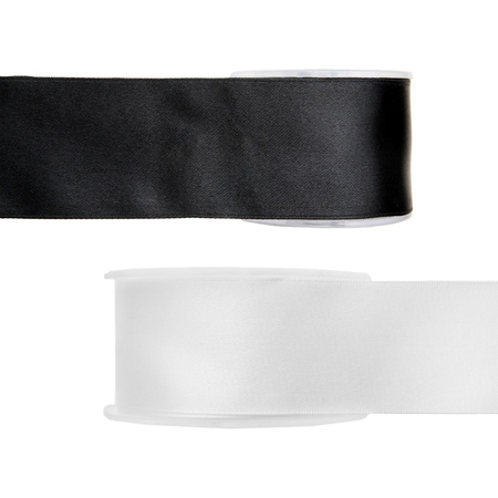 Satin deco ribbons set 2x rolls - black/white - 2,5 cm x 25 meters - hobby/decoration