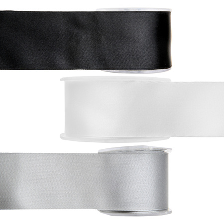 Satin deco ribbons set 3x rolls - black/white/grey - 2,5 cm x 25 meters - hobby/decoration