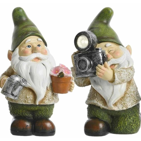 Set of 2 Garden gnomes James andJorge with solar lights 24 cm