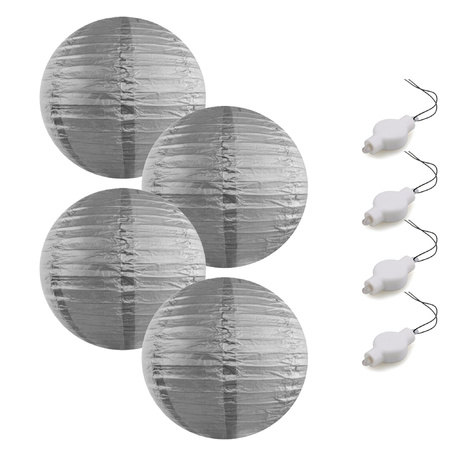 Setje van 4x stuks luxe zilveren bolvormige party lampionnen 35 cm met lantaarnlampjes