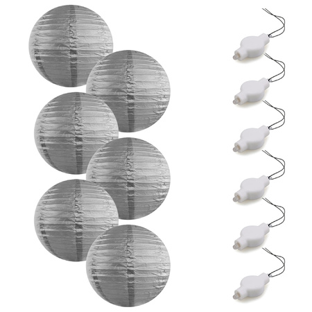 Setje van 6x stuks luxe zilveren bolvormige party lampionnen 35 cm met lantaarnlampjes