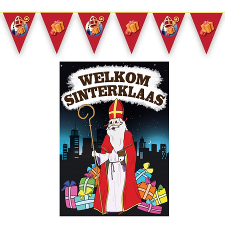 Sinterklaas versiering feestpakket inclusief 2x stuks vlaggenlijnen 10 meter en A1 deurposter
