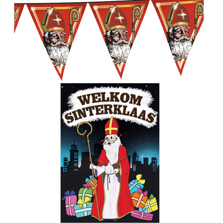 Sinterklaas versiering feestpakket inclusief 2x stuks vlaggenlijnen 5 meter en A1 deurposter