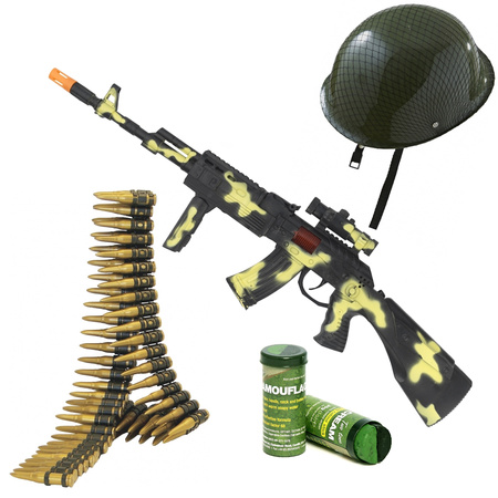 Soldaten/militairen camouflage geweer 59 cm met kogelriem, helm en camouflage schminkstift volwassen