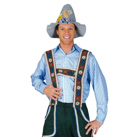 Inspectie aanpassen vleugel Tiroler kleding blauw overhemd voor heren in de Carnavalskostuum winkel.