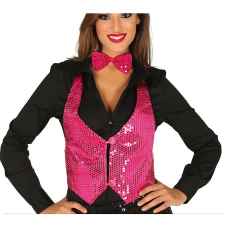 Verkleed set voor dames - gilet en vlinderstrikje - fuchsia roze - pailletten - one size - carnaval