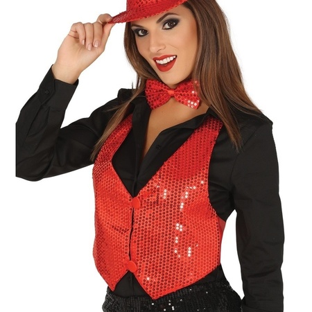 Verkleed set voor dames - gilet/vlinderstrikje/hoed - rood - pailletten - one size - carnaval