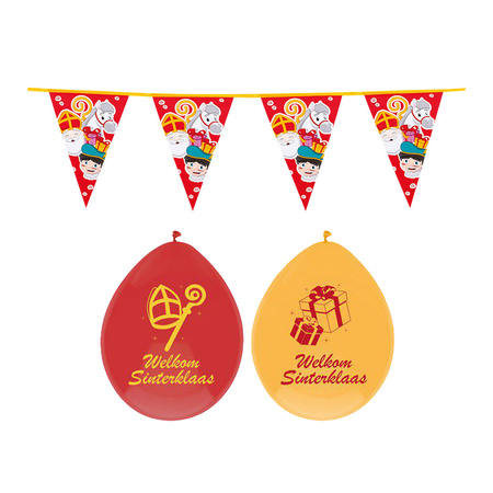 Vlaggenlijn en ballonnen Sinterklaas - rood/geel - feestversiering