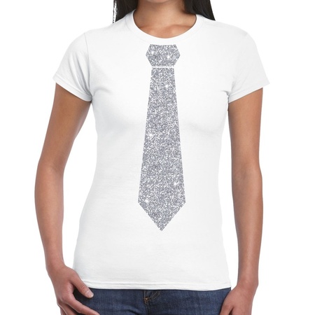 Wit fun t-shirt met stropdas in glitter zilver dames