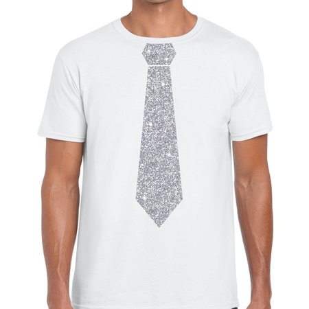 Wit fun t-shirt met stropdas in glitter zilver heren