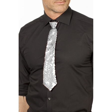Silver glitter tie 32 cm fancy dress accessory for women/men