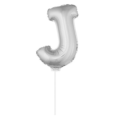 Zilveren opblaas letter ballon J op stokje 41 cm