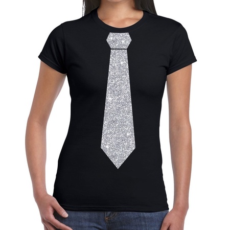 Zwart fun t-shirt met stropdas in glitter zilver dames