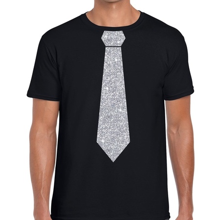 Zwart fun t-shirt met stropdas in glitter zilver heren