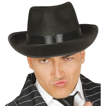 Gangster/Maffia verkleed set hoed - zwart - met witte stropdas en sigaar